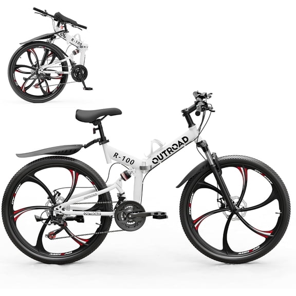 Marknig 26 inch Folding Mountain Bike for Adults, 21 Speed Full Suspension High-Carbon Steel MTB Foldable Bicycle, Dual Disc Brake Non-Slip Folding Bikes for Men or Women, White