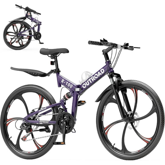 Marknig 26 inch Folding Mountain Bike for Adults, 21 Speed Full Suspension High-Carbon Steel MTB Foldable Bicycle, Dual Disc Brake Non-Slip Folding Bikes for Men or Women, Purple