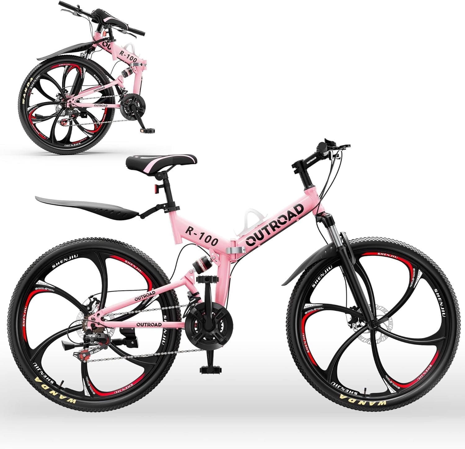 Marknig 26 inch Folding Mountain Bike for Adults, 21 Speed Full Suspension High-Carbon Steel MTB Foldable Bicycle, Dual Disc Brake Non-Slip Folding Bikes for Men or Women, Pink
