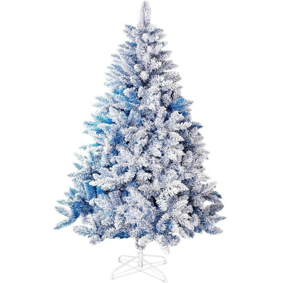 Marknig 6ft Snow Flocked Christmas Tree Premium Hinged Artificial Pine Tree,Unlit Xmas Tree with Metal Stand and 1000 Lush Branch Tips Holiday Decorate, Easy to Assemble,Blue