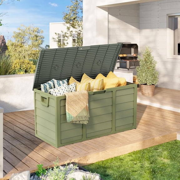 Marknig 75 Gallon Deck Box, Indoor Outdoor Storage Box for Patio Furniture, Pool Accessories, Garden Tools, Sports Equipment, Waterproof Resin Rattan Box with Lockable Lid and Side Handles,Green