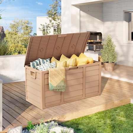 Marknig 75 Gallon Deck Box, Indoor Outdoor Storage Box for Patio Furniture, Pool Accessories, Garden Tools, Sports Equipment, Waterproof Resin Rattan Box with Lockable Lid and Side Handles,Brown