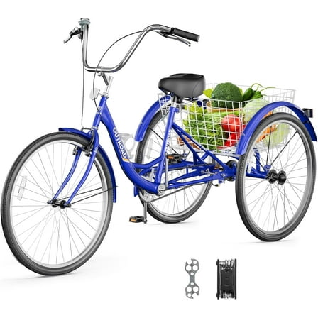 Marknig Adult Tricycle, 26" 1-Speed Three Wheel Bicycle, Cruiser Trike with Large Basket for Adult, Seniors, Women, Men for Shopping Picnic Outdoor Activities, Blue