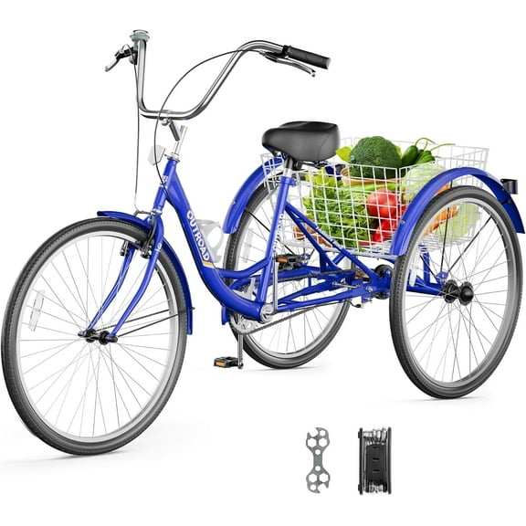 Marknig Adult Tricycle, 26" 1-Speed Three Wheel Bicycle, Cruiser Trike with Large Basket for Adult, Seniors, Women, Men for Shopping Picnic Outdoor Activities, Blue