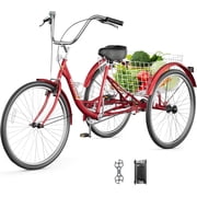 Marknig Adult Tricycle, 26" 1-Speed Three Wheel Bicycle, Cruiser Trike with Large Basket for Adult, Seniors, Women, Men for Shopping Picnic Outdoor Activities, Red