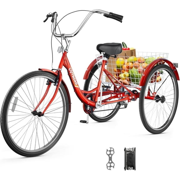 Marknig Adult Tricycle, 26 inch 7 Speed Three Wheel Bicycle, Cruiser Trike with Large Basket for Adult, Seniors, Women, Men for Shopping Picnic Outdoor Activities, Red