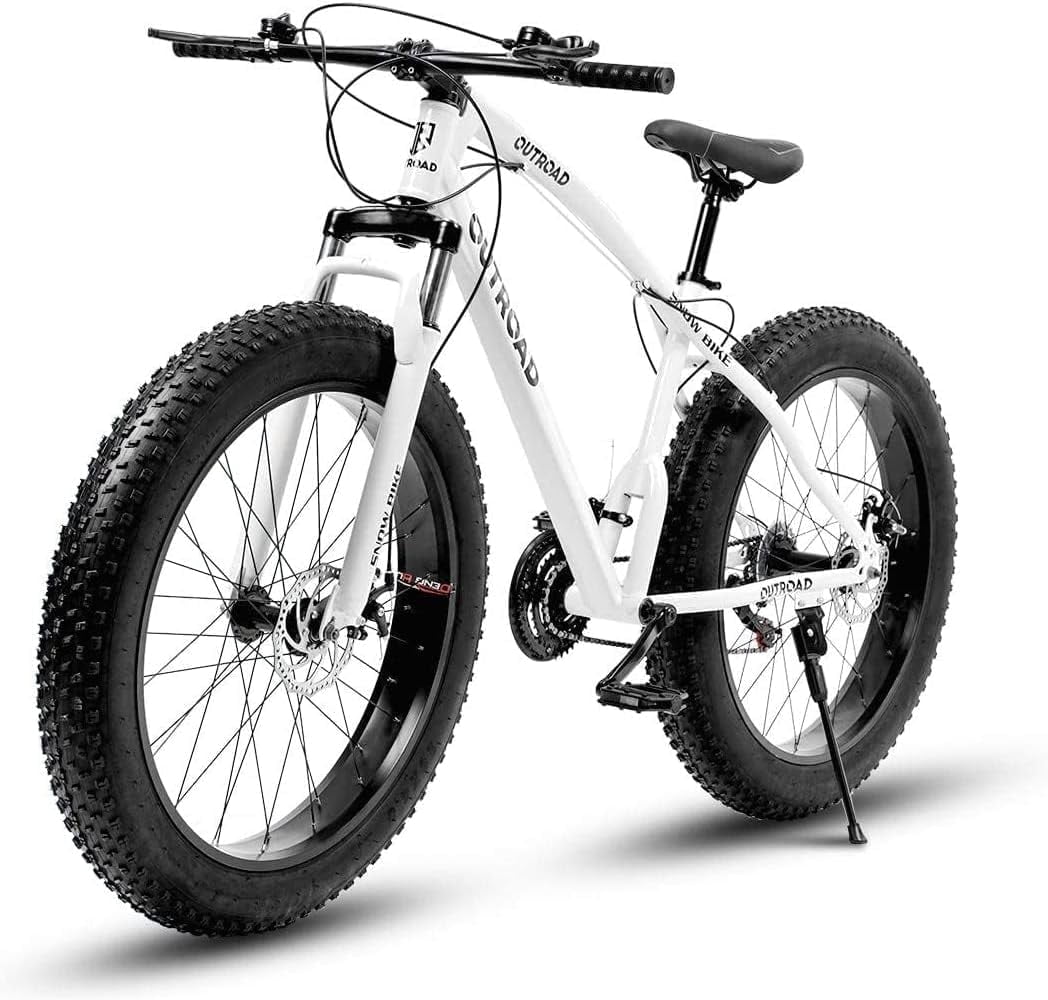 Marknig Fat Tire Mountain Bike with 26 inch Wheels, 21 Speed Bicycle with High Carbon Steel Frame, Double Disc Brake and Front Suspension Anti-Slip for Adult,White