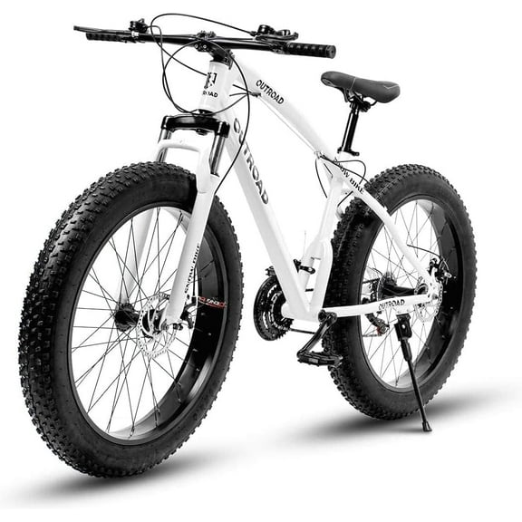 Marknig Fat Tire Mountain Bike with 26 inch Wheels, 21 Speed Bicycle with High Carbon Steel Frame, Double Disc Brake and Front Suspension Anti-Slip for Adult,White