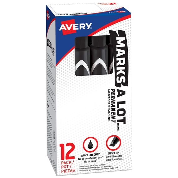 Marks-a-lot Avery Permanent Markers, Large Desk-Style Size, Chisel Tip, Water and Wear Resistant, 12 Black Markers (08888)