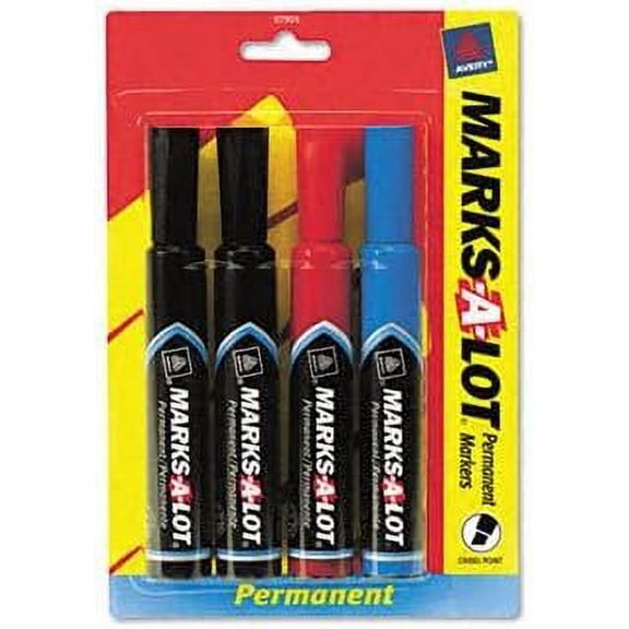 4-pack Avery Marks-A-Lot Regular Permanent Marker Chisel Tip - Assorted Colors - 4 Pack Heavy-Duty Construction, Professional Use