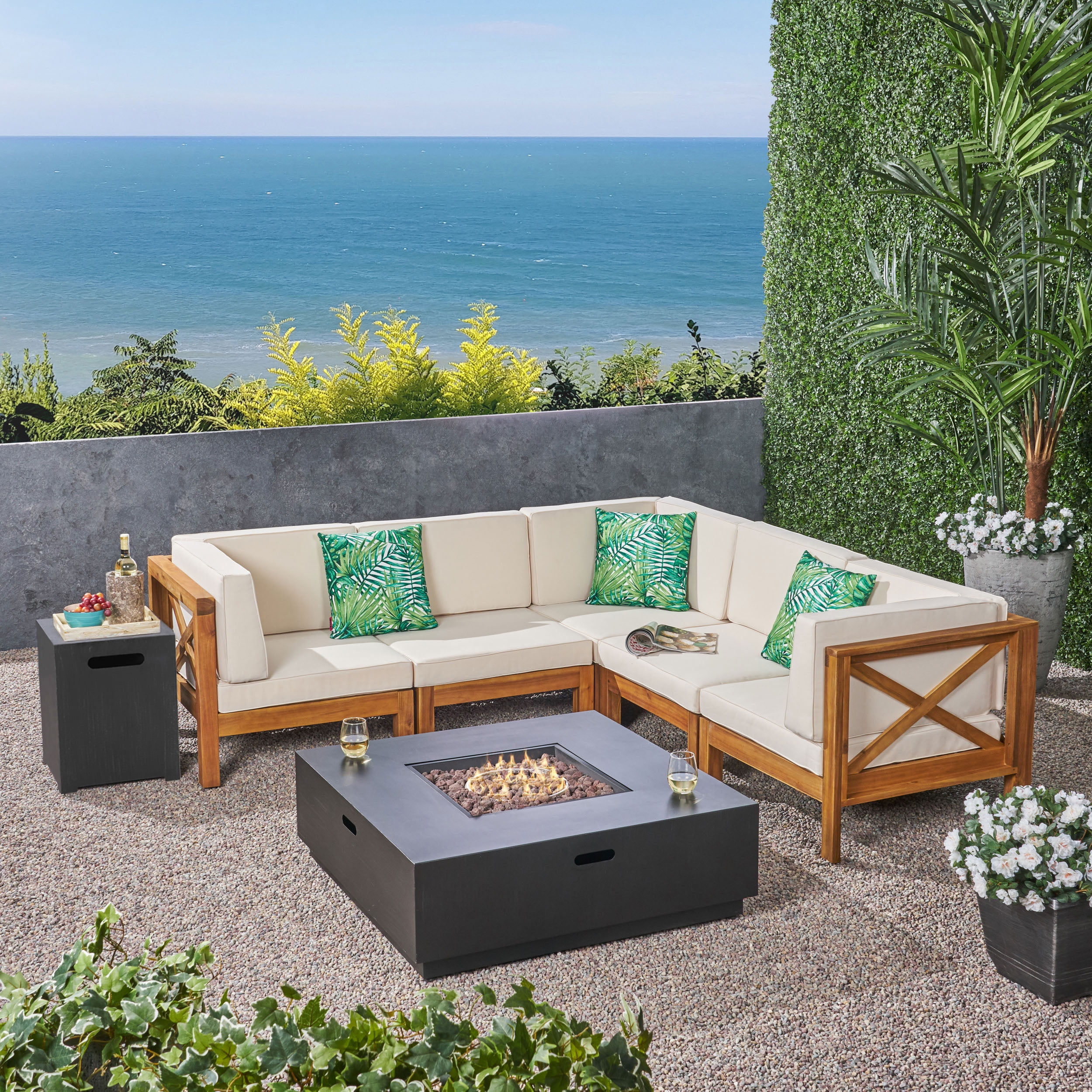 Markus Outdoor 7 Piece Acacia Wood Sectional Sofa Set with Cushions and Fire Pit, Teak, Beige, Dark Gray