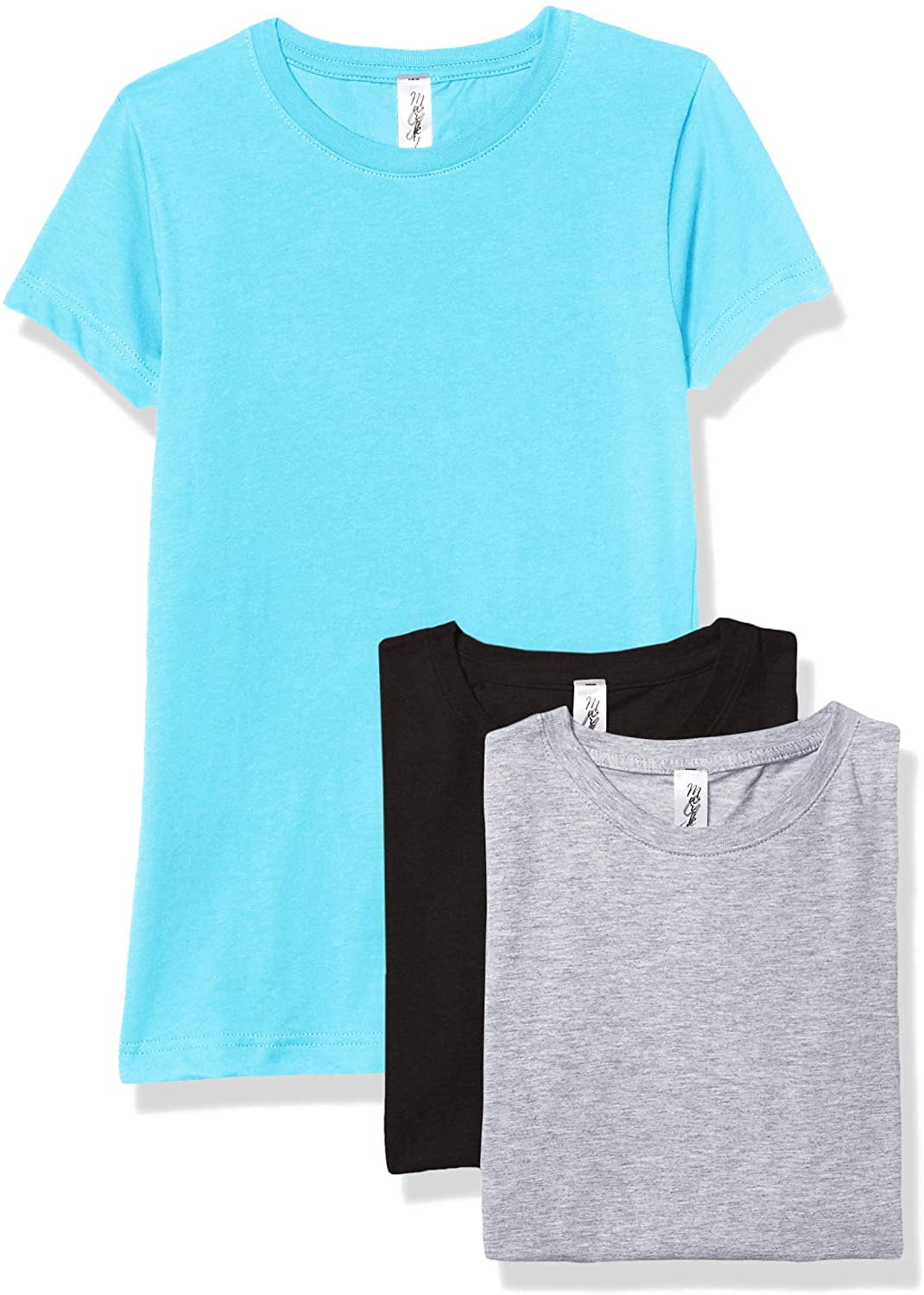 Marky G Apparel Girls' Short-Sleeve Crew Neck Slim-Fit T-Shirts 100% Cotton, L, Black/Caribbean/Heather(Pack of 3)