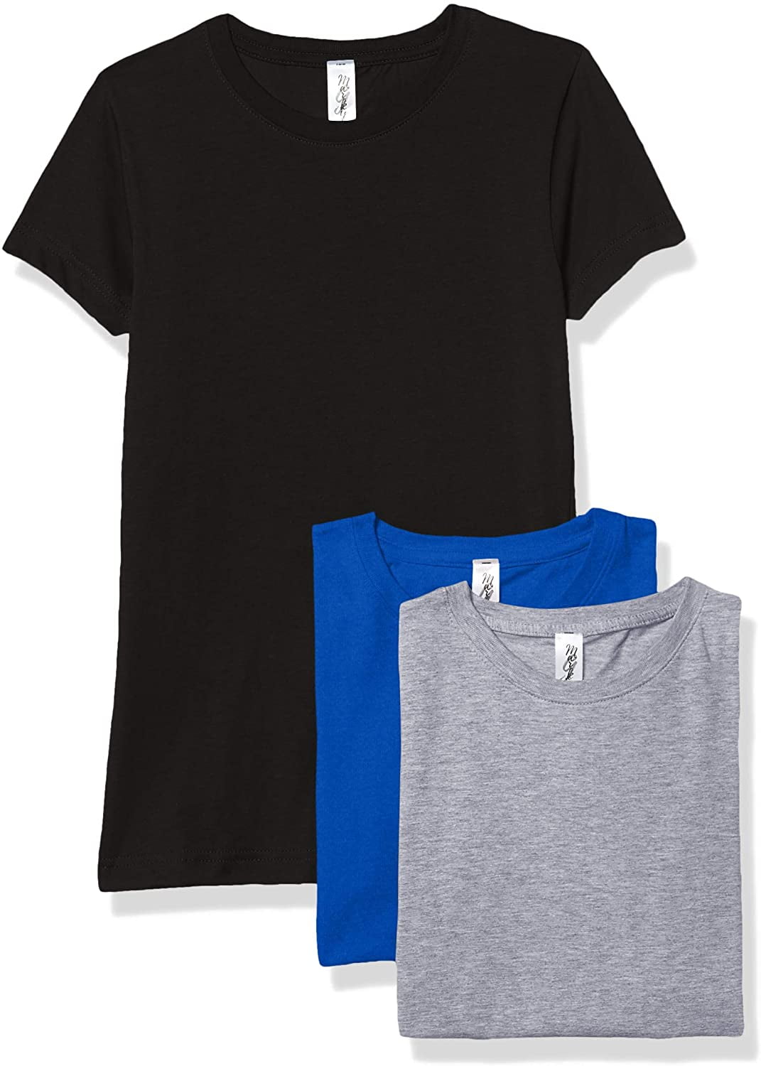 Marky G Apparel Girls' Short-Sleeve Crew Neck Slim-Fit T-Shirts 100% Cotton, L, Black/Royal/Heather(Pack of 3)