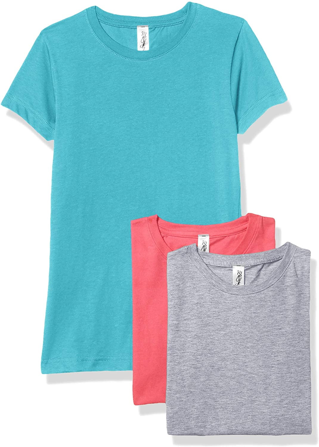 Marky G Apparel Girls' Short-Sleeve Crew Neck Slim-Fit T-Shirts 100% Cotton, L, Caribbean/Hot Pink/Heather(Pack of 3)