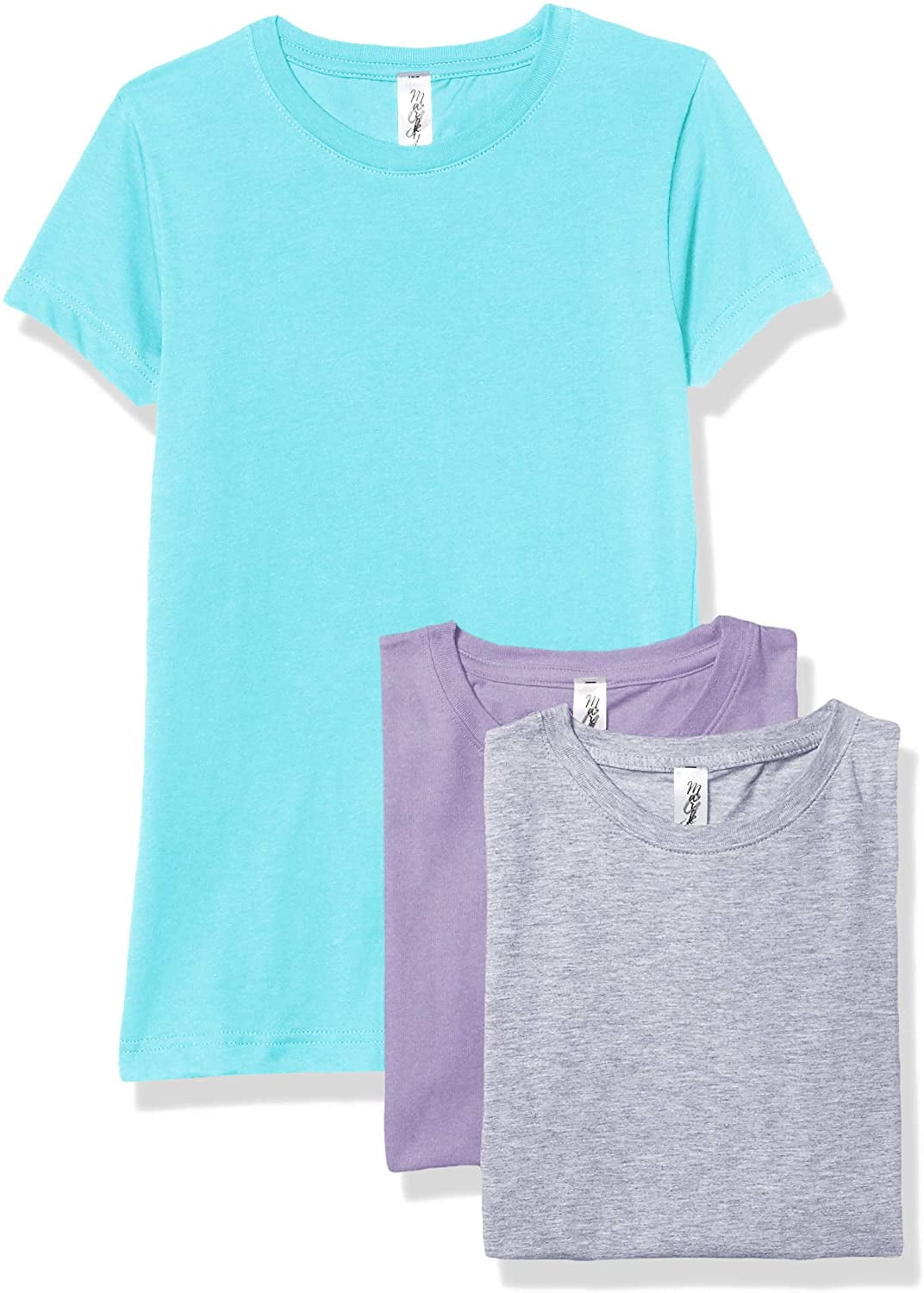 Marky G Apparel Girls' Short-Sleeve Crew Neck Slim-Fit T-Shirts 100% Cotton, L, Caribbean/Lavender/Heather(Pack of 3)
