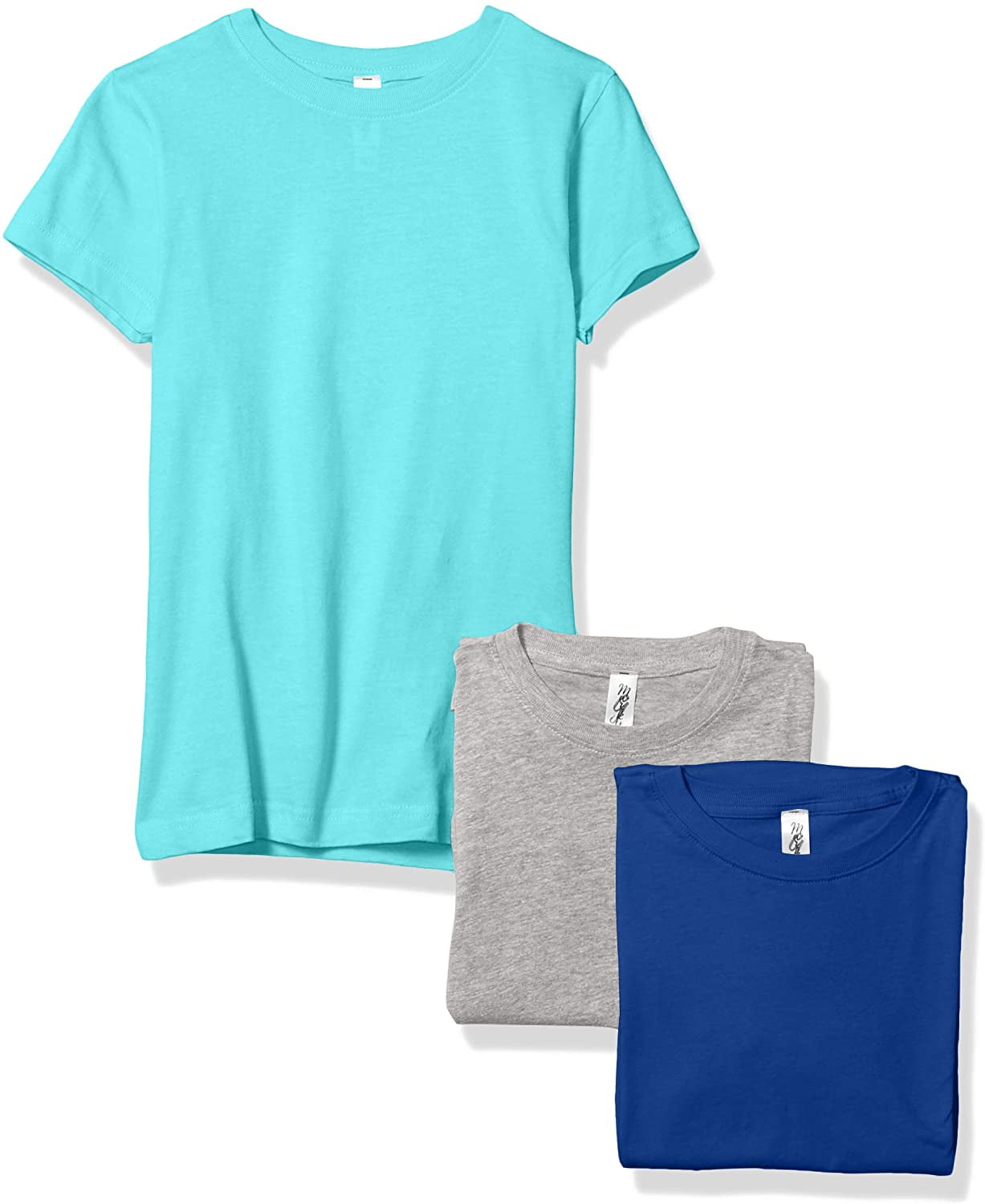 Marky G Apparel Girls' Short-Sleeve Crew Neck Slim-Fit T-Shirts 100% Cotton, L, Caribbean/Royal/Heather(Pack of 3)