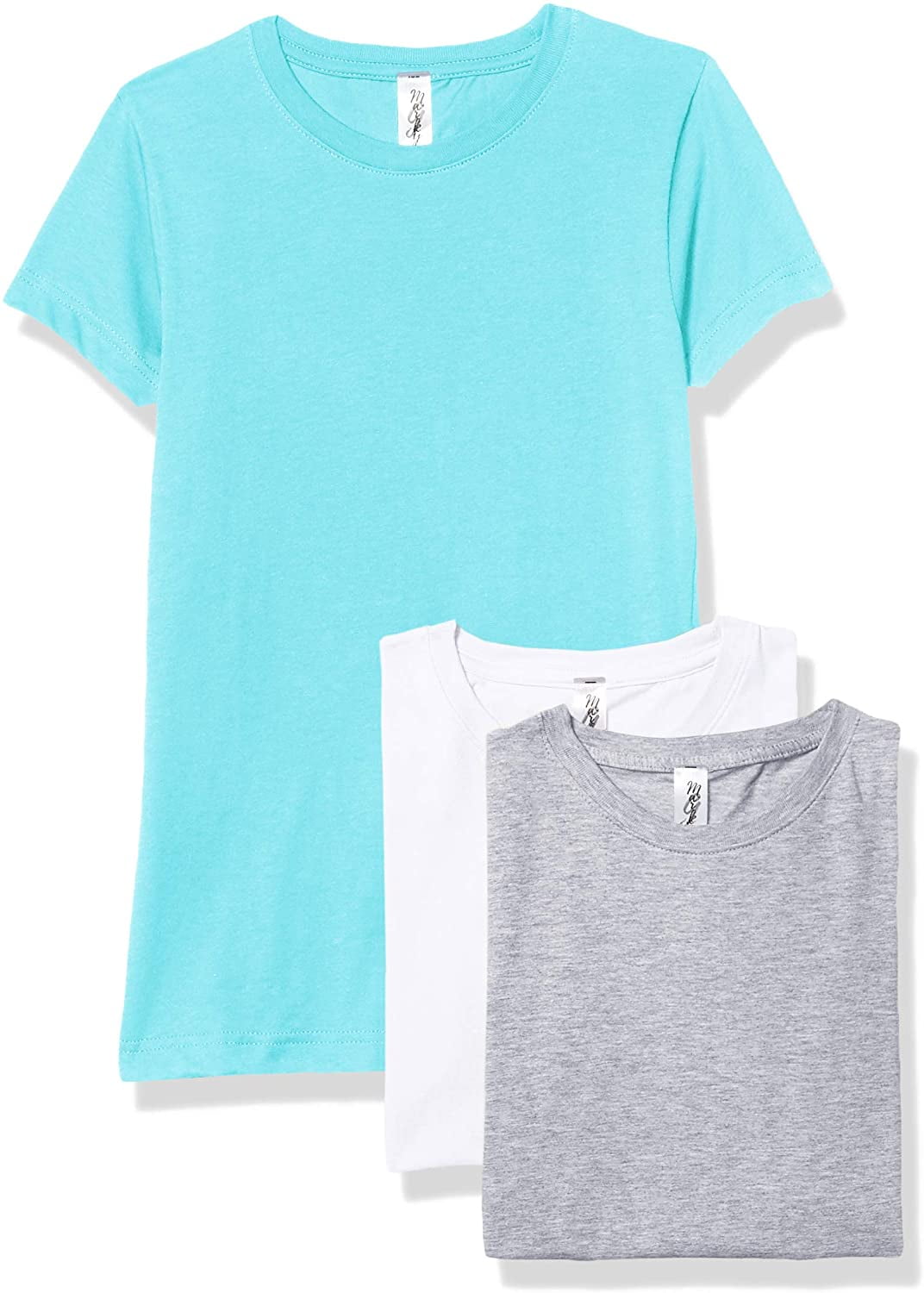 Marky G Apparel Girls' Short-Sleeve Crew Neck Slim-Fit T-Shirts 100% Cotton, L, Caribbean/White/Heather(Pack of 3)