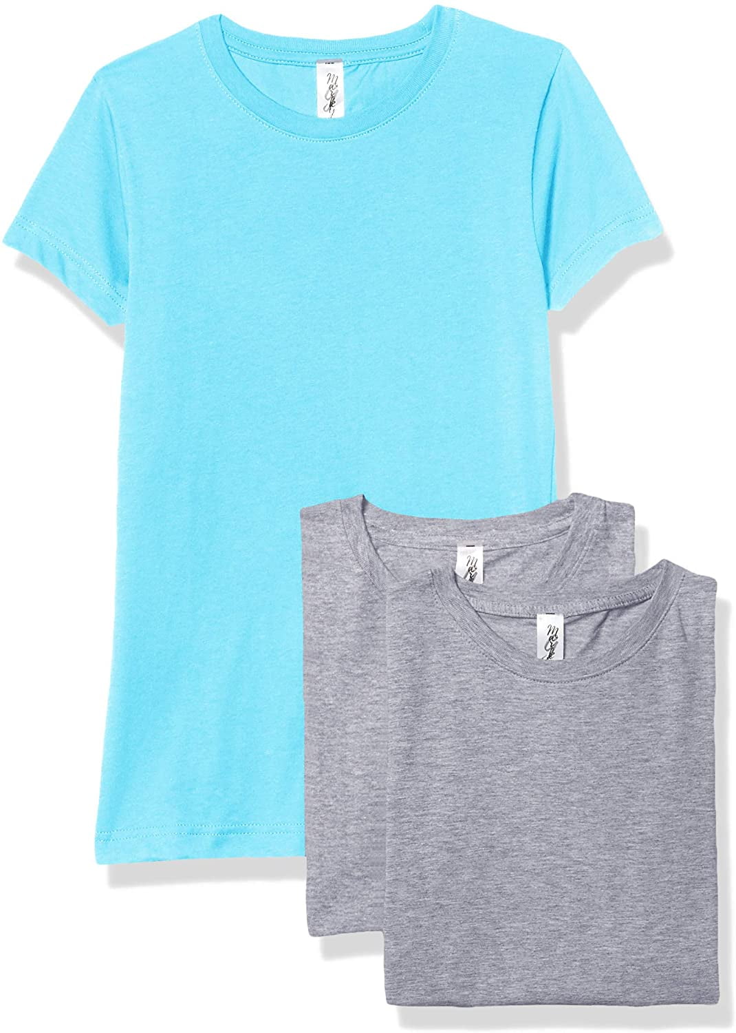 Marky G Apparel Girls' Short-Sleeve Crew Neck Slim-Fit T-Shirts 100% Cotton, L, Heather/Aqua/Heather(Pack of 3)