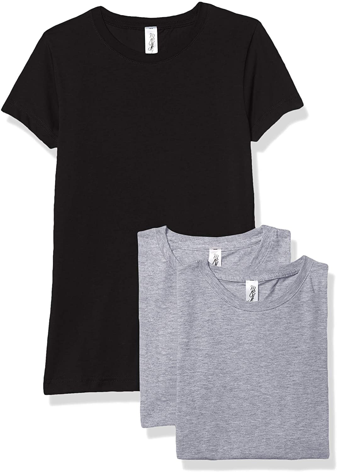 Marky G Apparel Girls' Short-Sleeve Crew Neck Slim-Fit T-Shirts 100% Cotton, L, Heather/Black/Heather(Pack of 3)