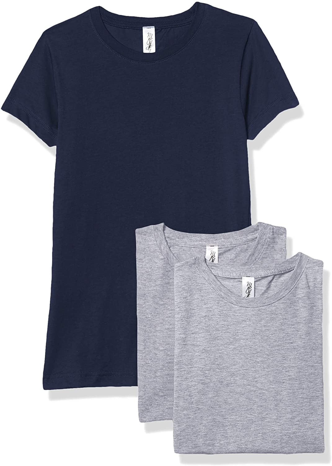 Marky G Apparel Girls' Short-Sleeve Crew Neck Slim-Fit T-Shirts 100% Cotton, L, Heather/Navy/Heather(Pack of 3)