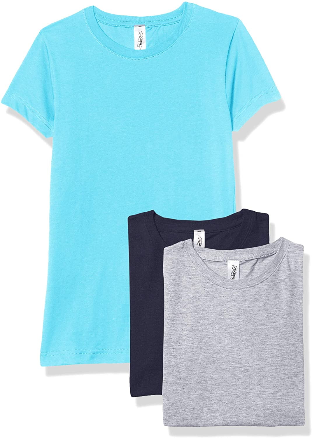 Marky G Apparel Girls' Short-Sleeve Crew Neck Slim-Fit T-Shirts 100% Cotton, L, Navy/Aqua/Heather(Pack of 3)