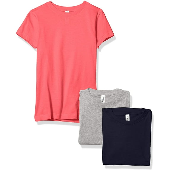 Marky G Apparel Girls' Short-Sleeve Crew Neck Slim-Fit T-Shirts 100% Cotton, L, Navy/Hot Pink/Heather(Pack of 3)