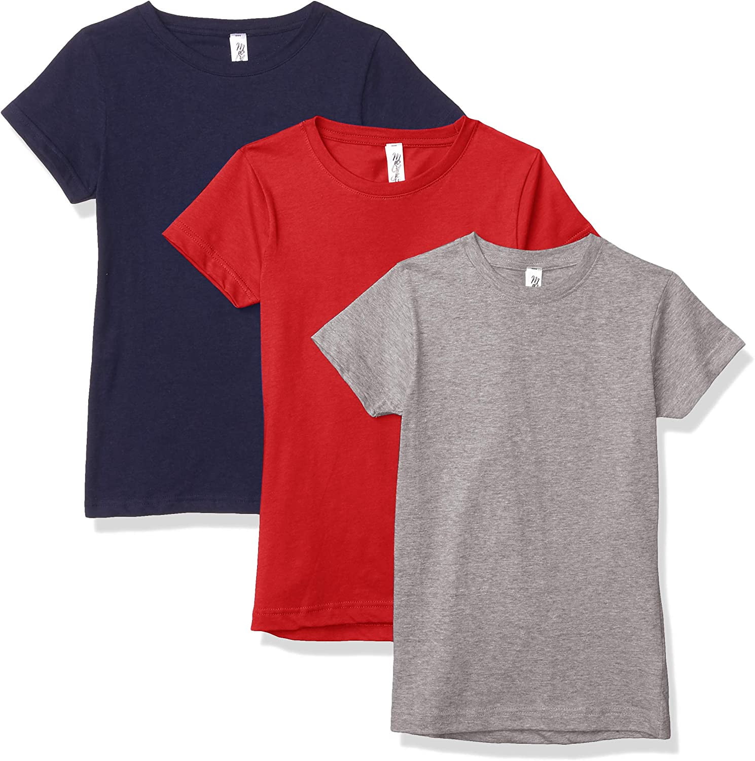 Marky G Apparel Girls' Short-Sleeve Crew Neck Slim-Fit T-Shirts 100% Cotton, L, Navy/Red/Heather(Pack of 3)
