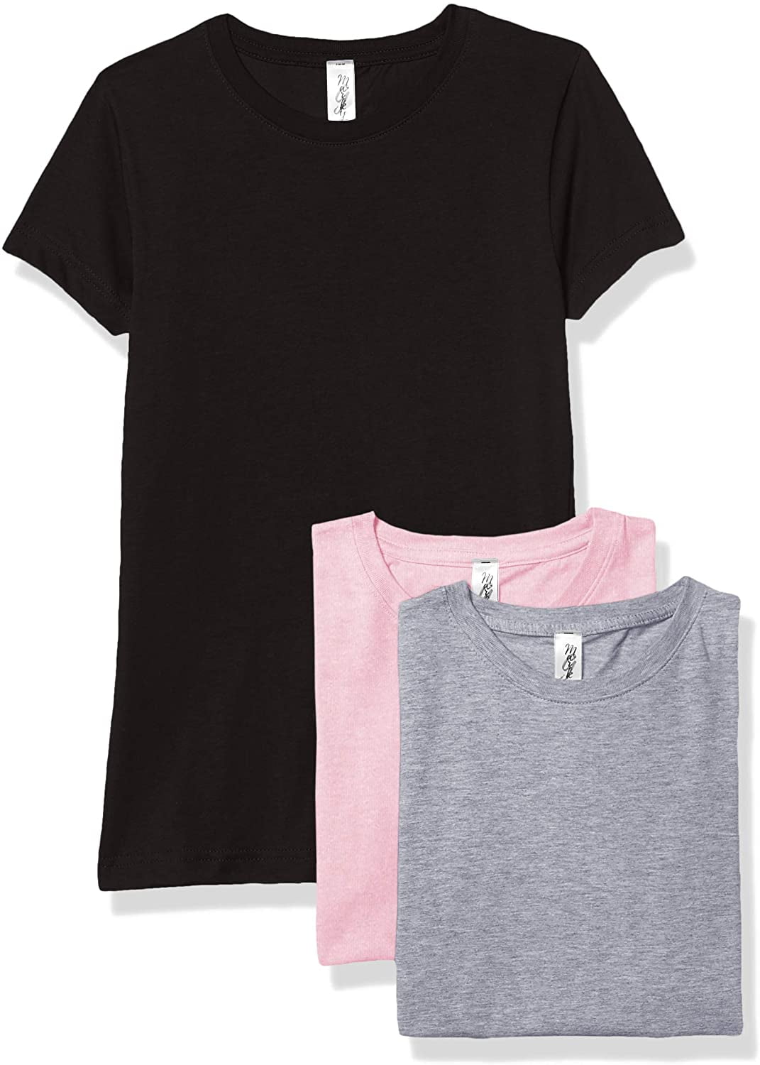 Marky G Apparel Girls' Short-Sleeve Crew Neck Slim-Fit T-Shirts 100% Cotton, L, Pink/Black/Heather(Pack of 3)