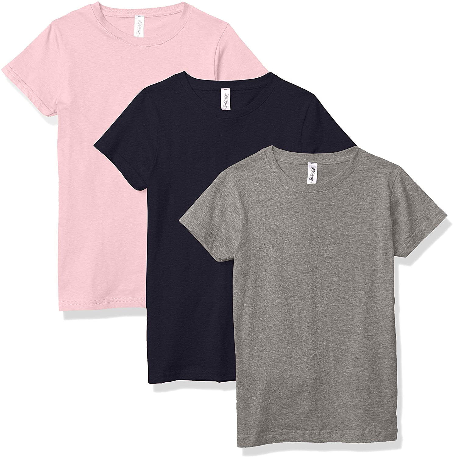 Marky G Apparel Girls' Short-Sleeve Crew Neck Slim-Fit T-Shirts 100% Cotton, L, Pink/Navy/Heather(Pack of 3)