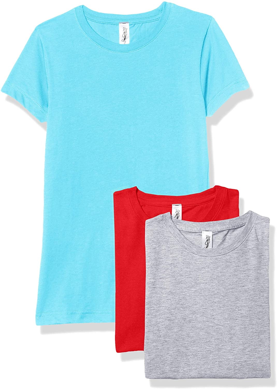 Marky G Apparel Girls' Short-Sleeve Crew Neck Slim-Fit T-Shirts 100% Cotton, L, Red/Aqua/Heather(Pack of 3)