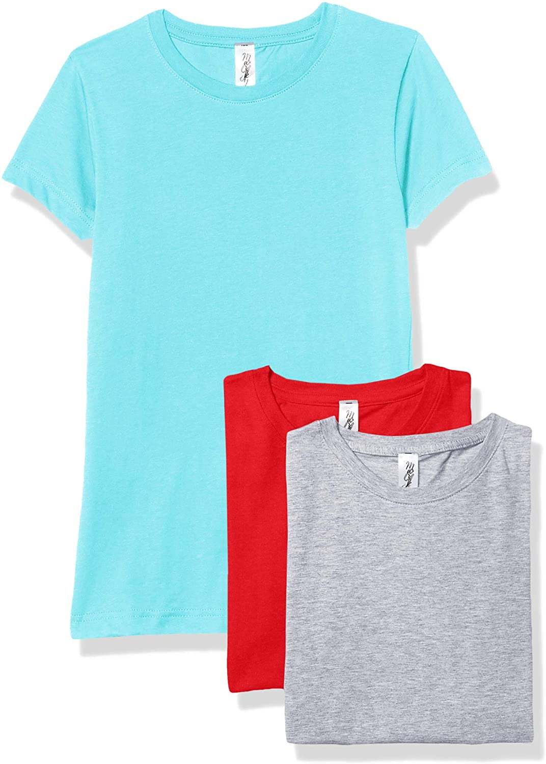 Marky G Apparel Girls' Short-Sleeve Crew Neck Slim-Fit T-Shirts 100% Cotton, L, Red/Caribbean/Heather(Pack of 3)