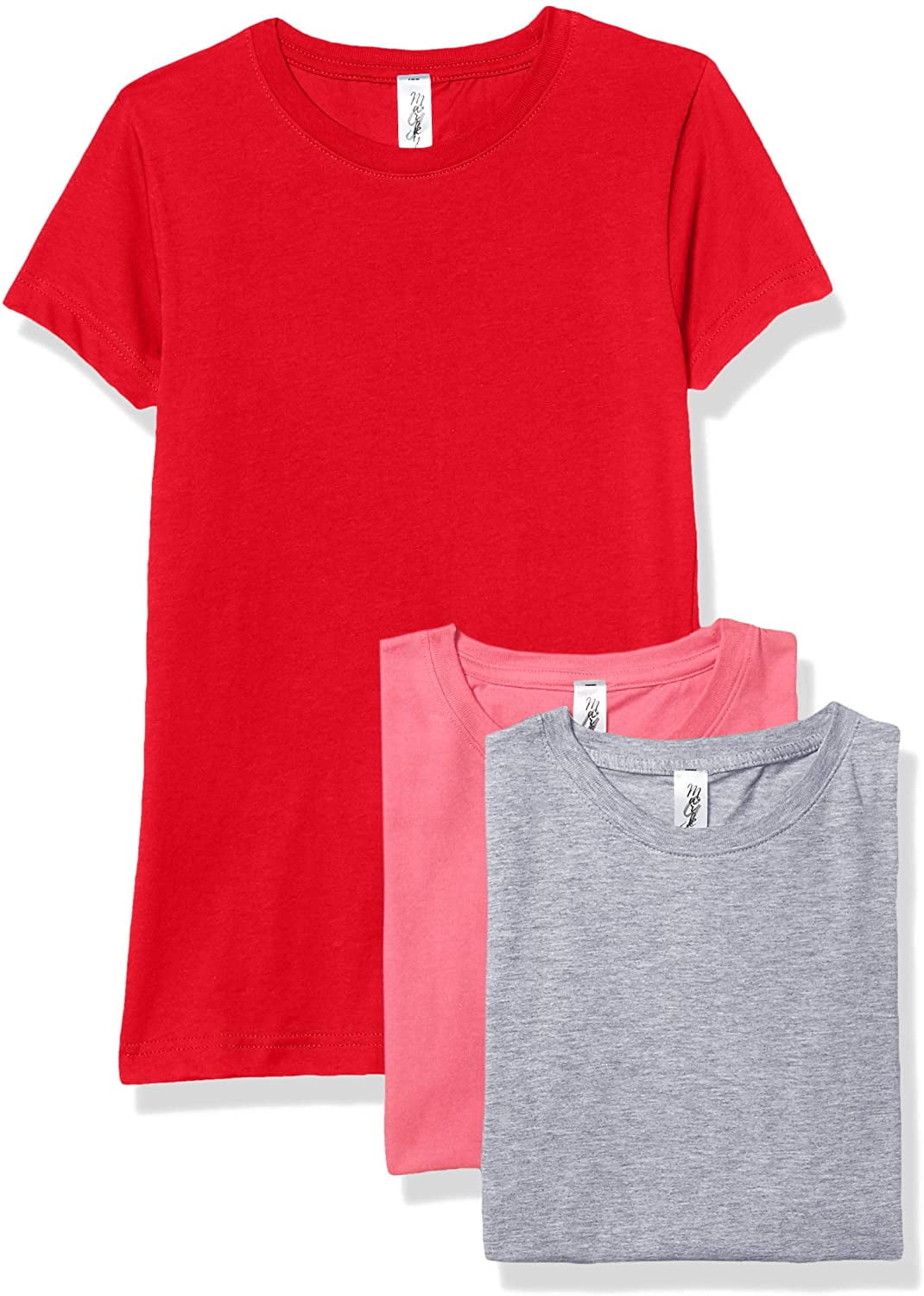 Marky G Apparel Girls' Short-Sleeve Crew Neck Slim-Fit T-Shirts 100% Cotton, L, Red/Hot Pink/Heather(Pack of 3)