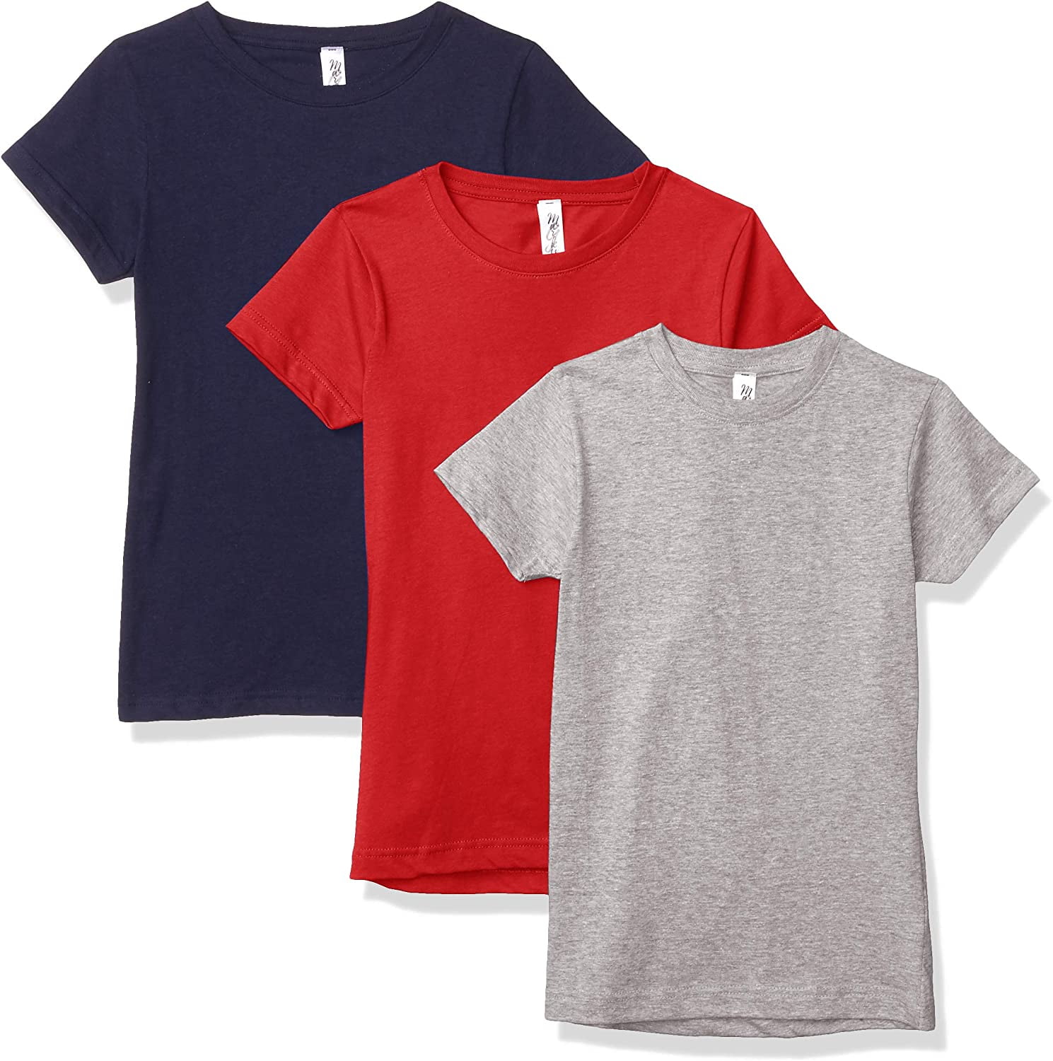 Marky G Apparel Girls' Short-Sleeve Crew Neck Slim-Fit T-Shirts 100% Cotton, L, Red/Navy/Heather(Pack of 3)