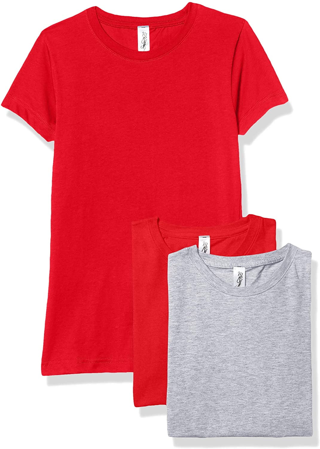 Marky G Apparel Girls' Short-Sleeve Crew Neck Slim-Fit T-Shirts 100% Cotton, L, Red/Red/Heather(Pack of 3)