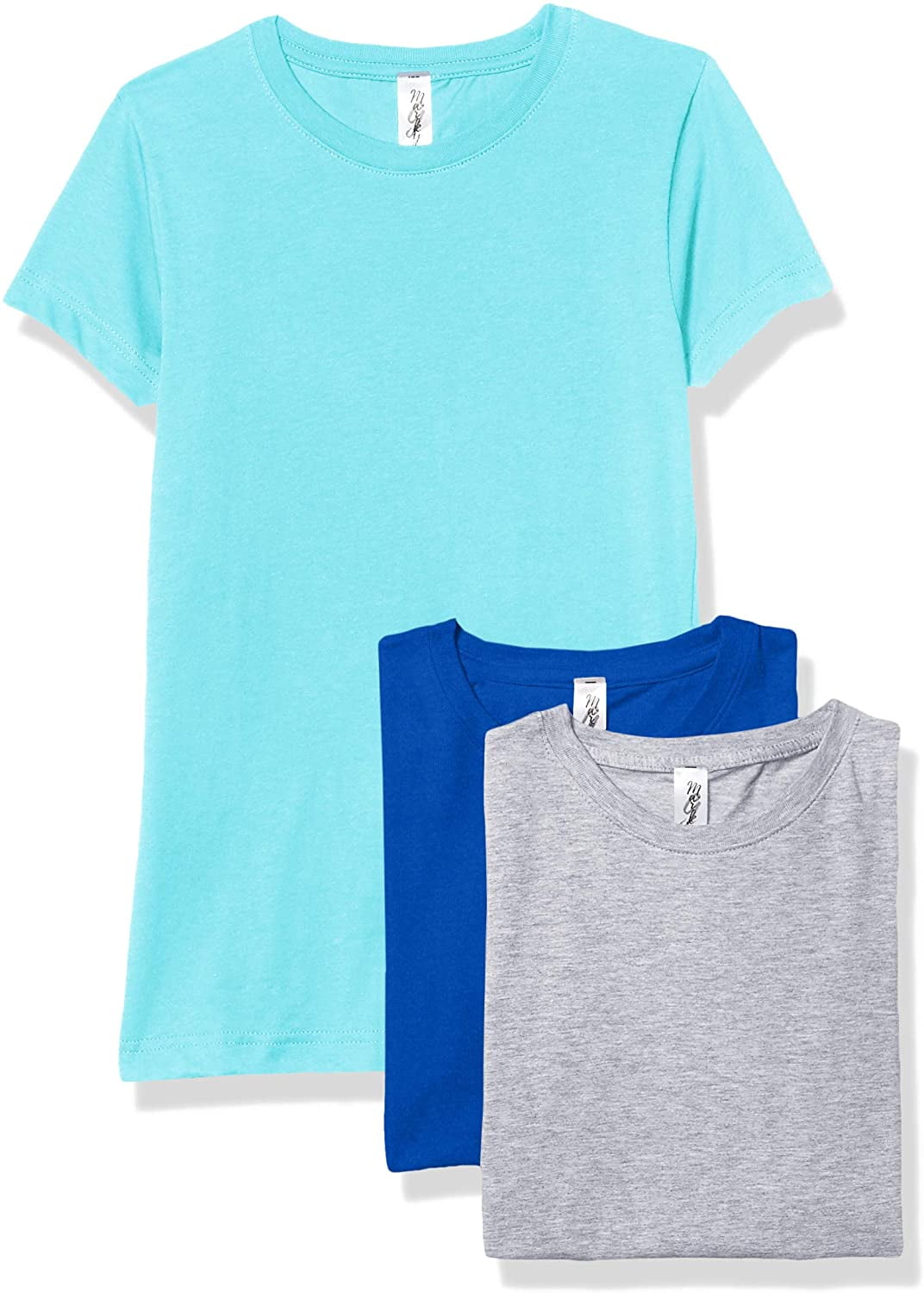 Marky G Apparel Girls' Short-Sleeve Crew Neck Slim-Fit T-Shirts 100% Cotton, L, Royal/Caribbean/Heather(Pack of 3)