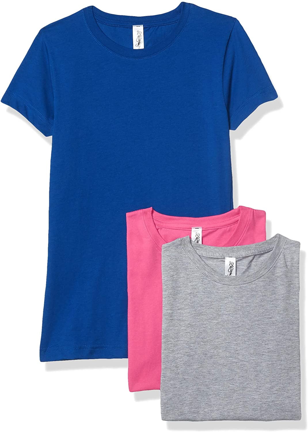 Marky G Apparel Girls' Short-Sleeve Crew Neck Slim-Fit T-Shirts 100% Cotton, L, Royal/Hot Pink/Heather(Pack of 3)