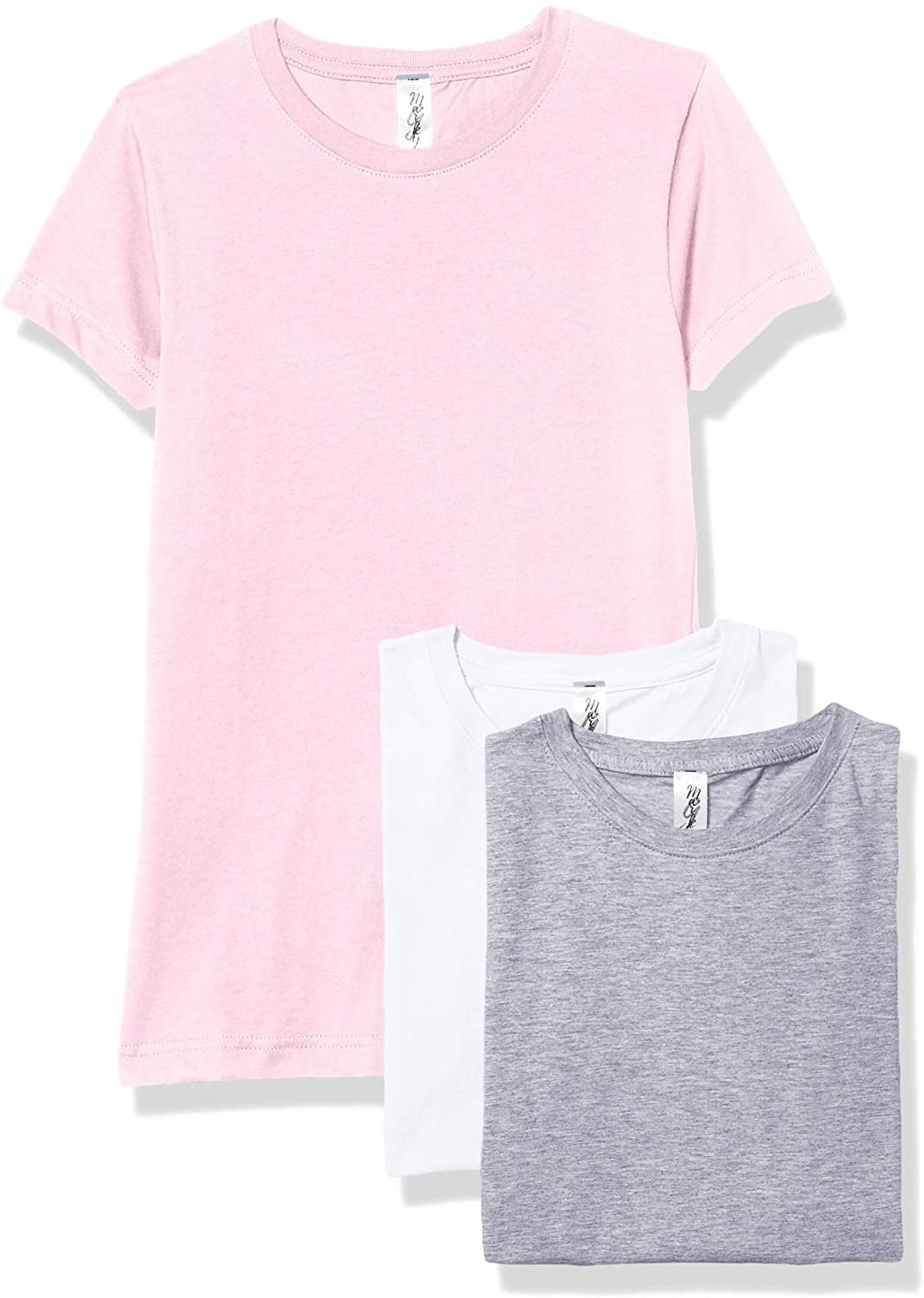 Marky G Apparel Girls' Short-Sleeve Crew Neck Slim-Fit T-Shirts 100% Cotton, L, White/Pink/Heather(Pack of 3)