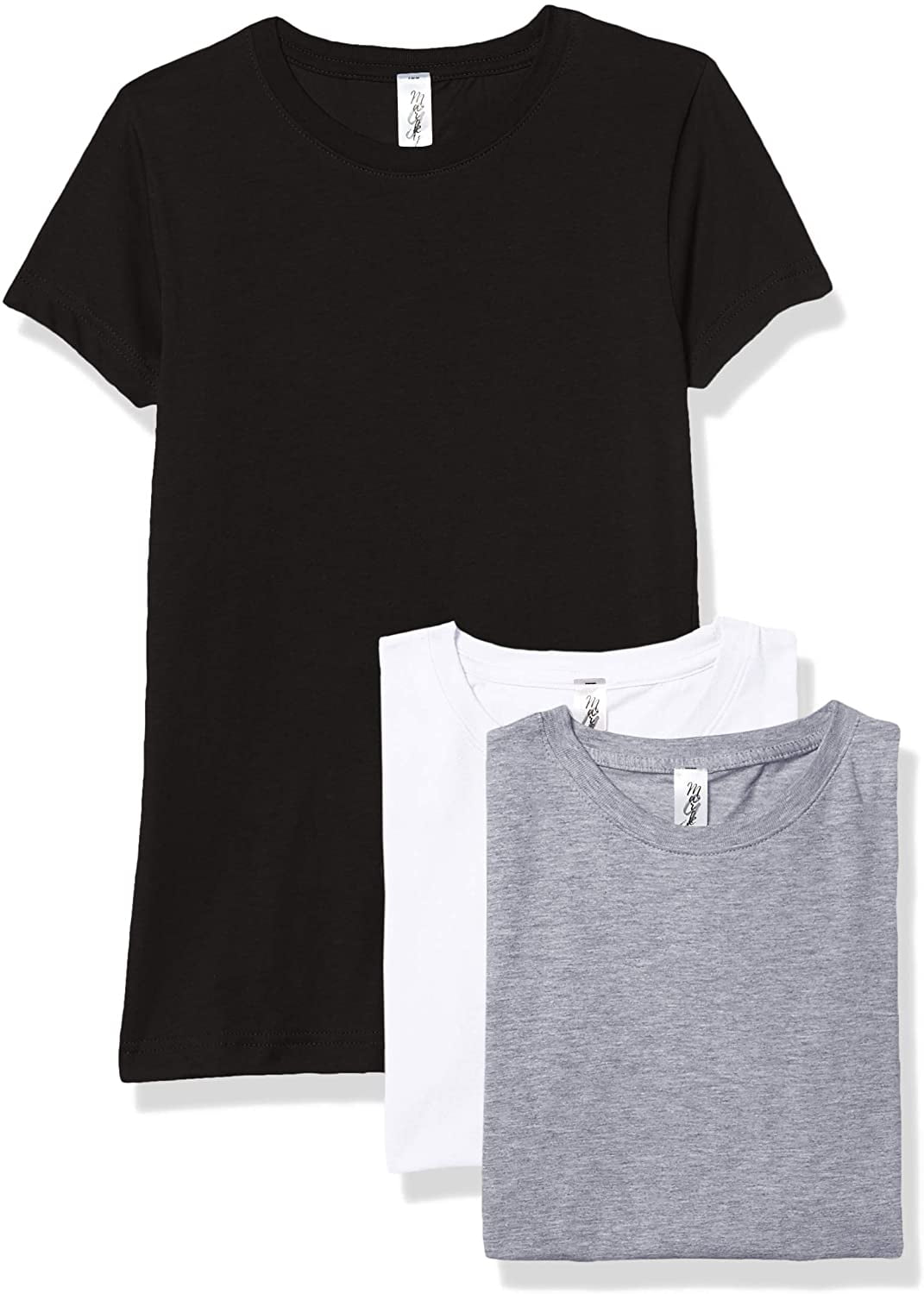 Marky G Apparel Girls' Short-Sleeve Crew Neck Slim-Fit T-Shirts 100% Cotton, M, Black/White/Heather(Pack of 3)