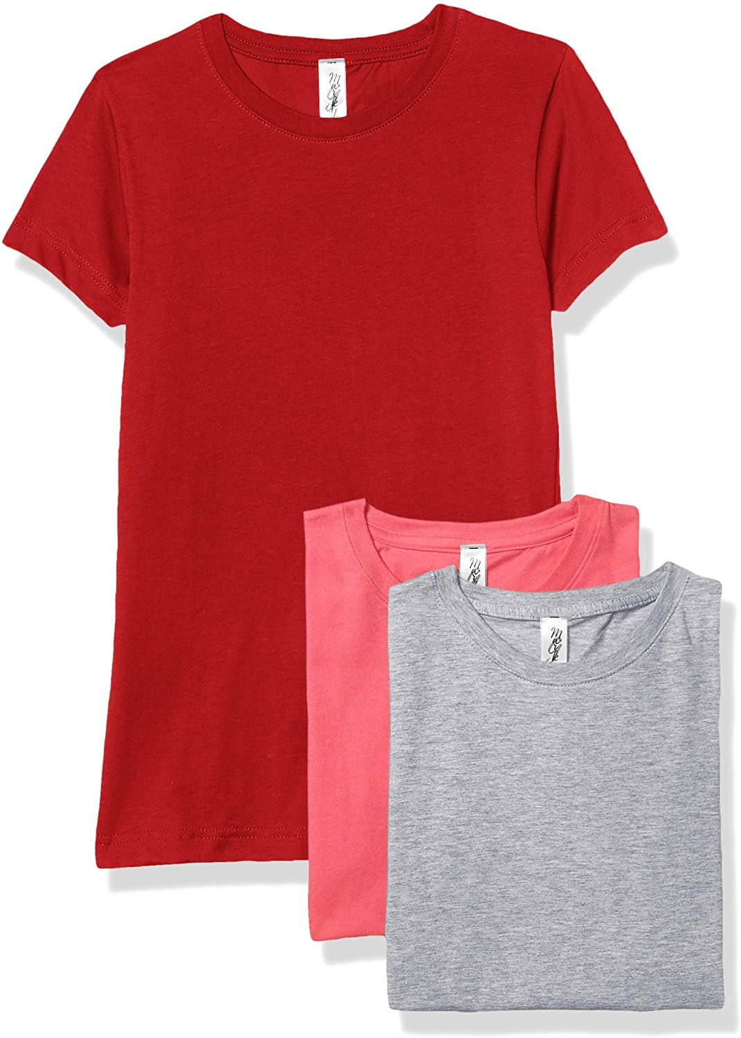 Marky G Apparel Girls' Short-Sleeve Crew Neck Slim-Fit T-Shirts 100% Cotton, M, Hot Pink/Red/Heather(Pack of 3)