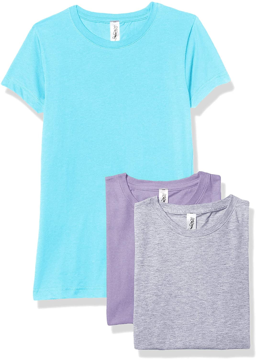 Marky G Apparel Girls' Short-Sleeve Crew Neck Slim-Fit T-Shirts 100% Cotton, M, Lavender/Aqua/Heather(Pack of 3)