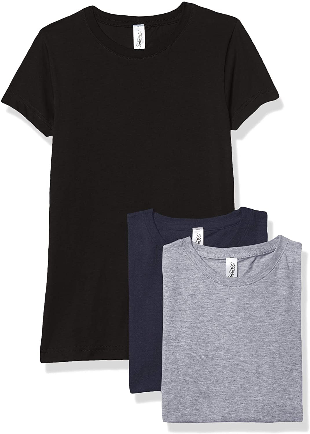 Marky G Apparel Girls' Short-Sleeve Crew Neck Slim-Fit T-Shirts 100% Cotton, M, Navy/Black/Heather(Pack of 3)