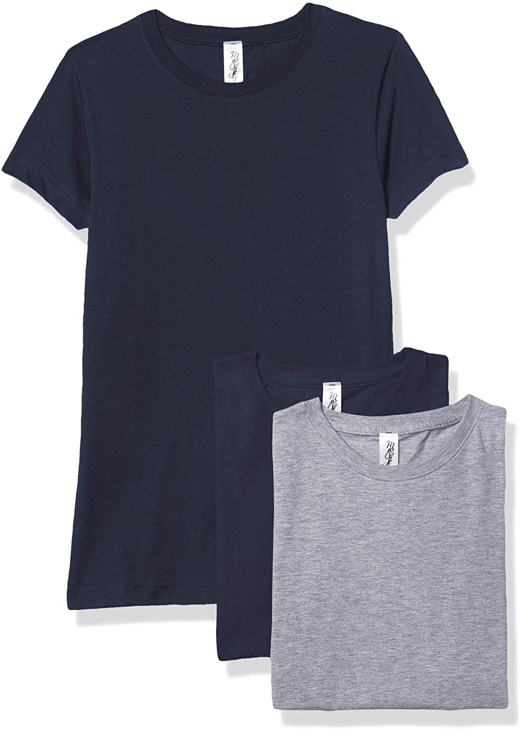 Marky G Apparel Girls' Short-Sleeve Crew Neck Slim-Fit T-Shirts 100% Cotton, M, Navy/Navy/Heather(Pack of 3)