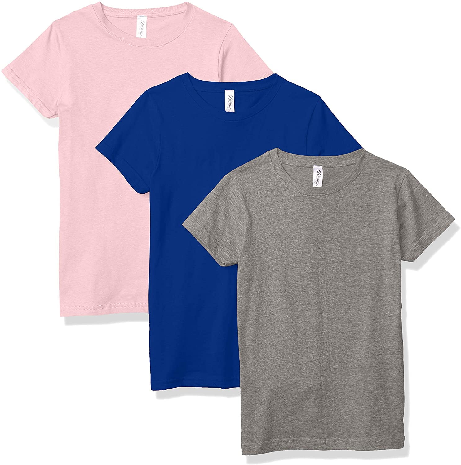 Marky G Apparel Girls' Short-Sleeve Crew Neck Slim-Fit T-Shirts 100% Cotton, M, Navy/Pink/Heather(Pack of 3)