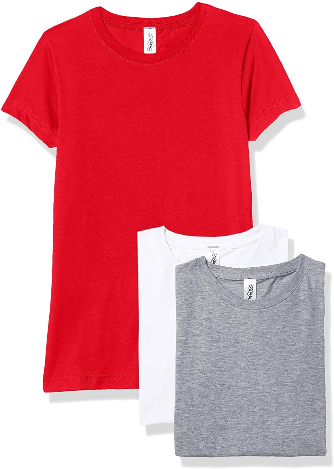 Marky G Apparel Girls' Short-Sleeve Crew Neck Slim-Fit T-Shirts 100% Cotton, M, Red/White/Heather(Pack of 3)
