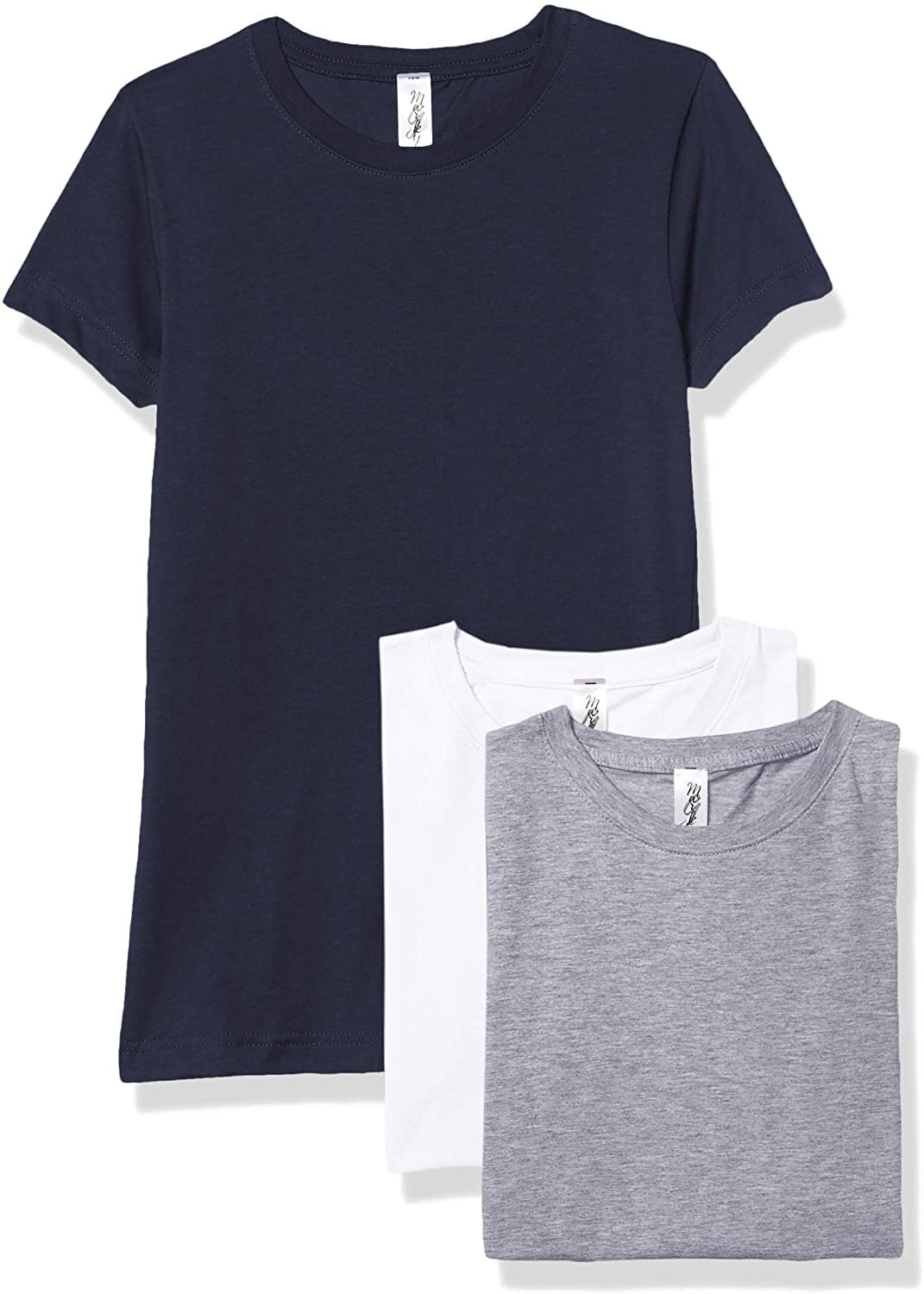 Marky G Apparel Girls' Short-Sleeve Crew Neck Slim-Fit T-Shirts 100% Cotton, M, White/Navy/Heather(Pack of 3)