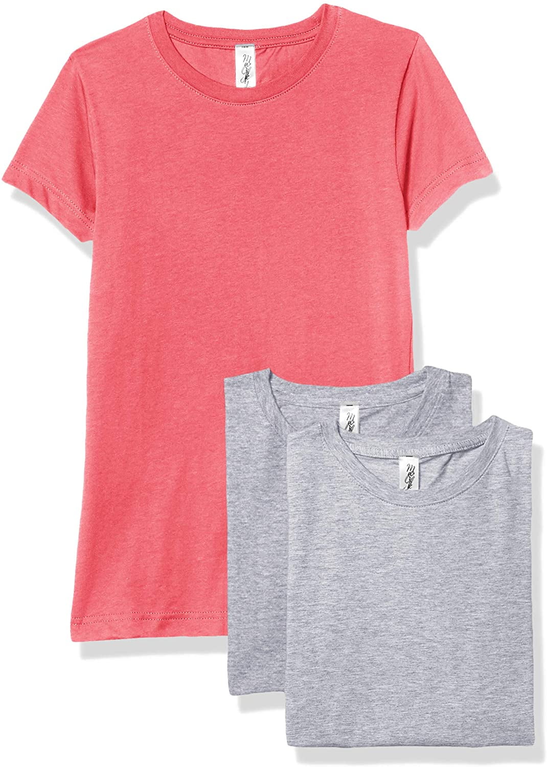 Marky G Apparel Girls' Short-Sleeve Crew Neck Slim-Fit T-Shirts 100% Cotton, S, Heather/Hot Pink/Heather(Pack of 3)