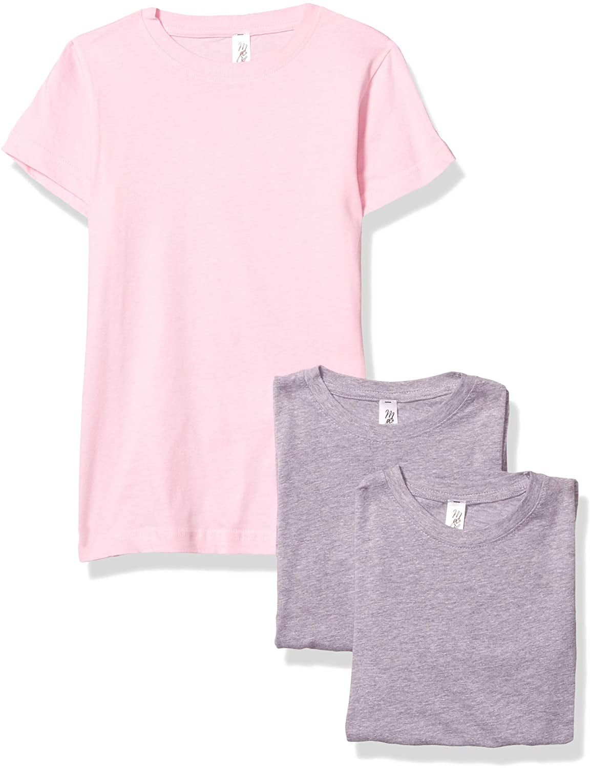 Marky G Apparel Girls' Short-Sleeve Crew Neck Slim-Fit T-Shirts 100% Cotton, S, Heather/Pink/Heather(Pack of 3)