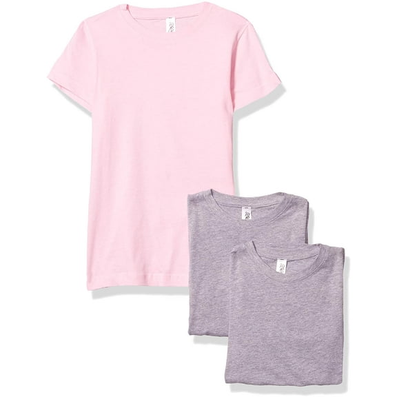 Marky G Apparel Girls' Short-Sleeve Crew Neck Slim-Fit T-Shirts 100% Cotton, S, Heather/Pink/Heather(Pack of 3)