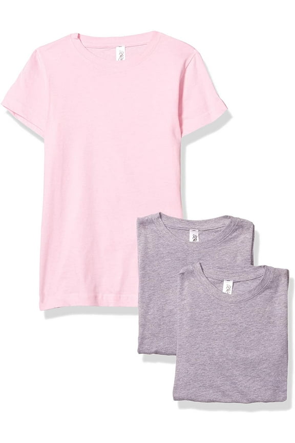 Girls' Short-Sleeve Crew Neck Slim-Fit T-Shirts 100% Cotton, S, Heather/Pink/Heather(Pack of 3)