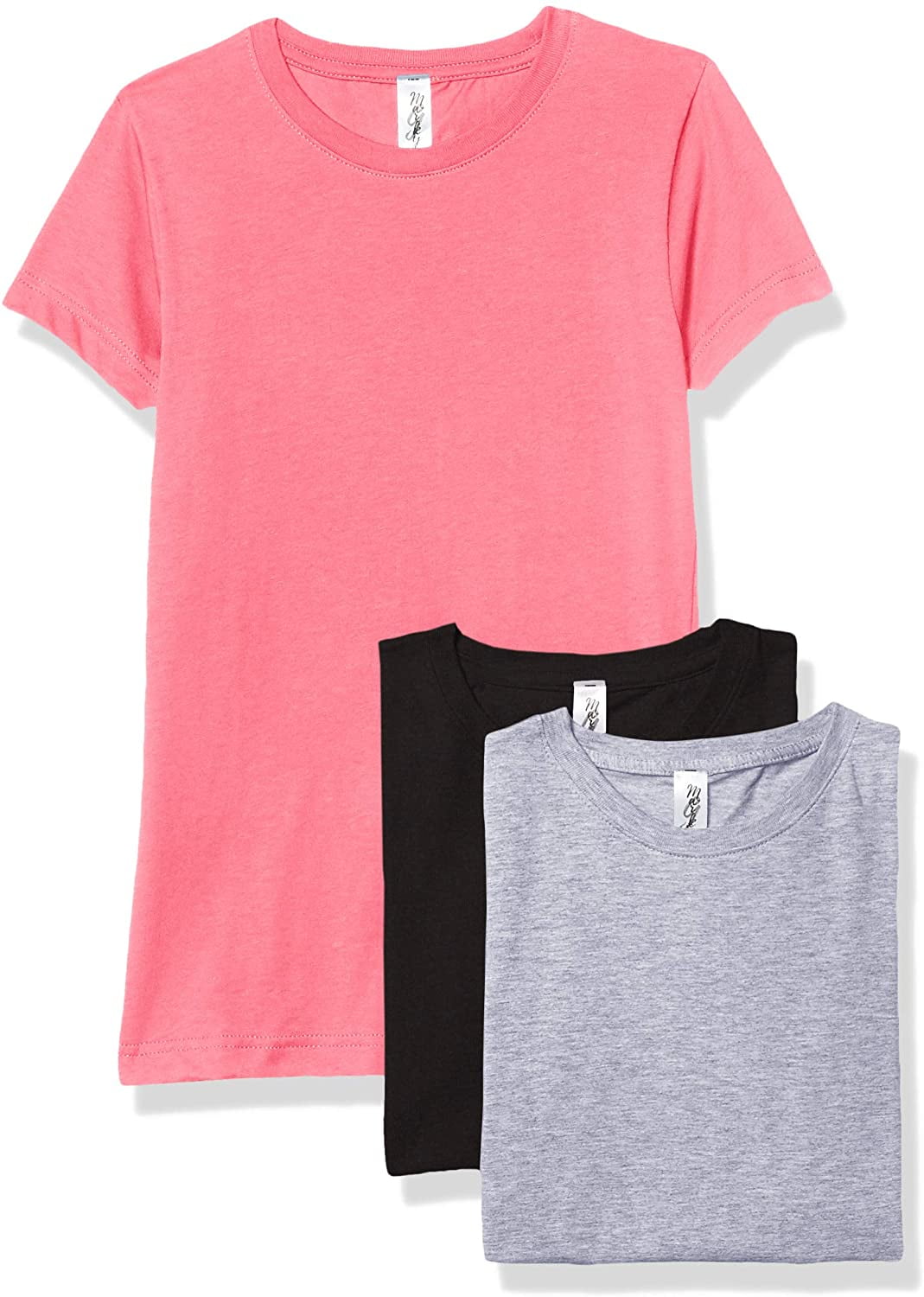 Marky G Apparel Girls' Short-Sleeve Crew Neck Slim-Fit T-Shirts 100% Cotton, S, Hot Pink/Black/Heather(Pack of 3)